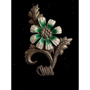 Art Deco Sterling Silver Marcasite & Enamel Floral Brooch Pin